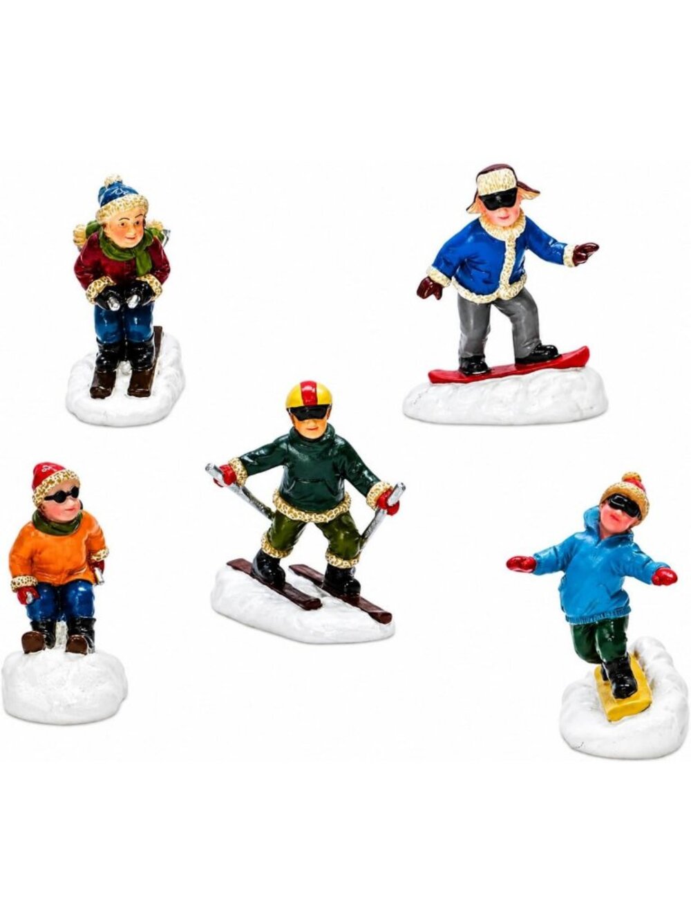 Hand-Painted Christmas Village Set of 5 Skiing & Snowboarding Figures - Holiday